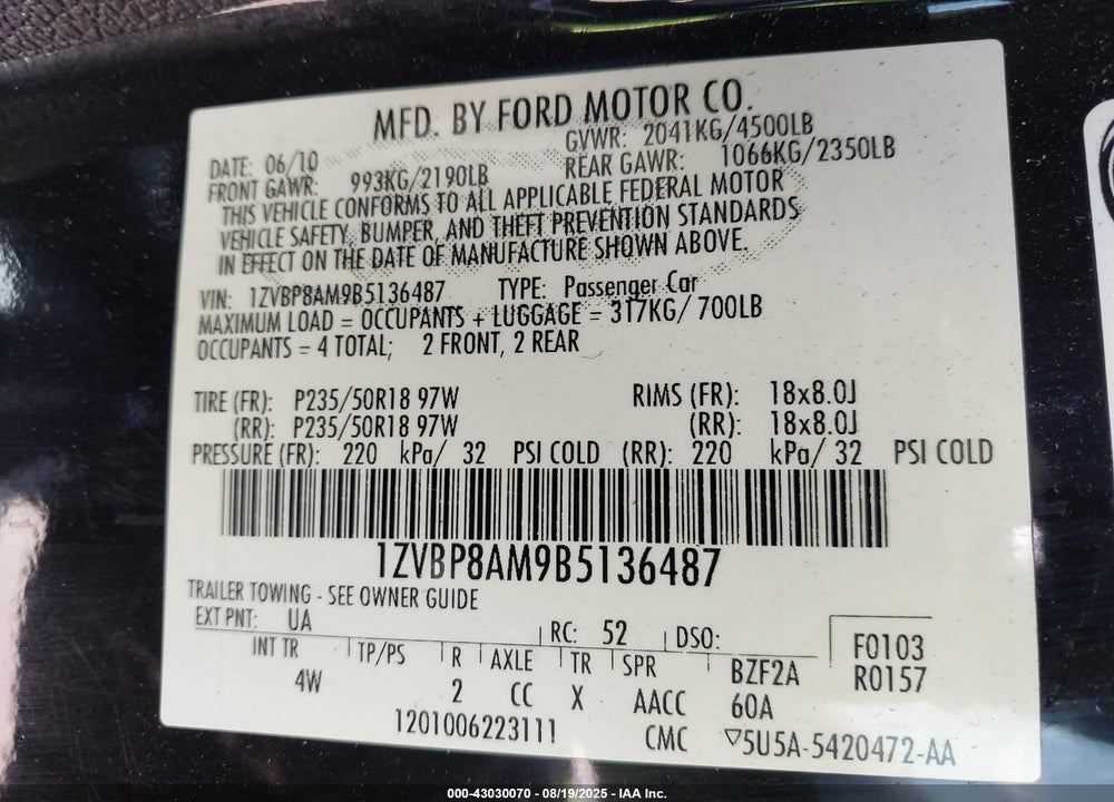 2011 FORD MUSTANG VIN: 1ZVBP8AM9B5136487