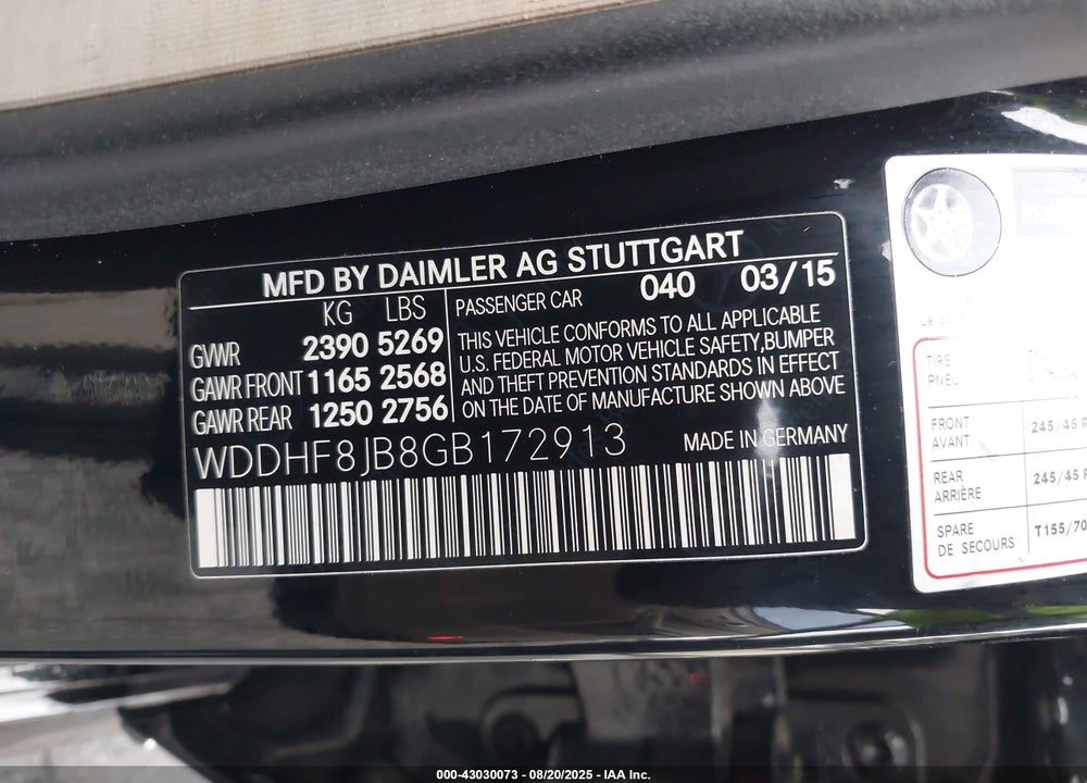 2016 MERCEDES-BENZ E-CLASS VIN: WDDHF8JB8GB172913