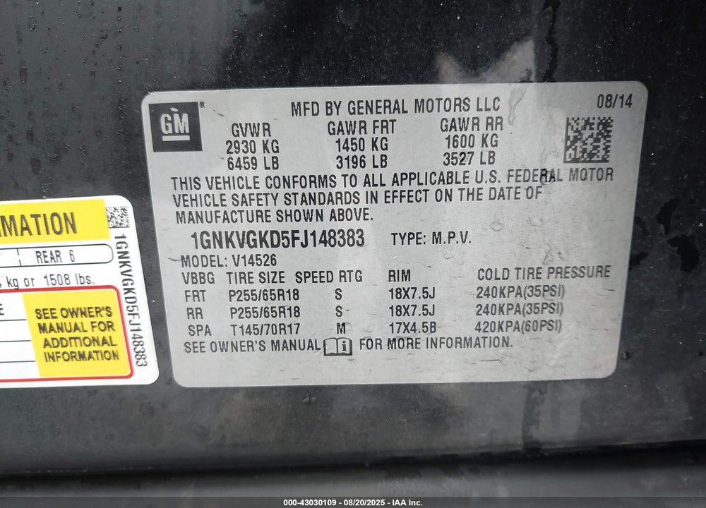 2015 CHEVROLET TRAVERSE 1LT VIN: 1GNKVGKD5FJ148383