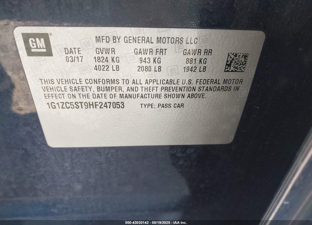 2017 CHEVROLET MALIBU VIN: 1G1ZC5ST9HF247053