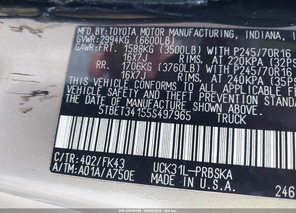 2005 TOYOTA TUNDRA SR5 V8 VIN: 5TBET34155S497965