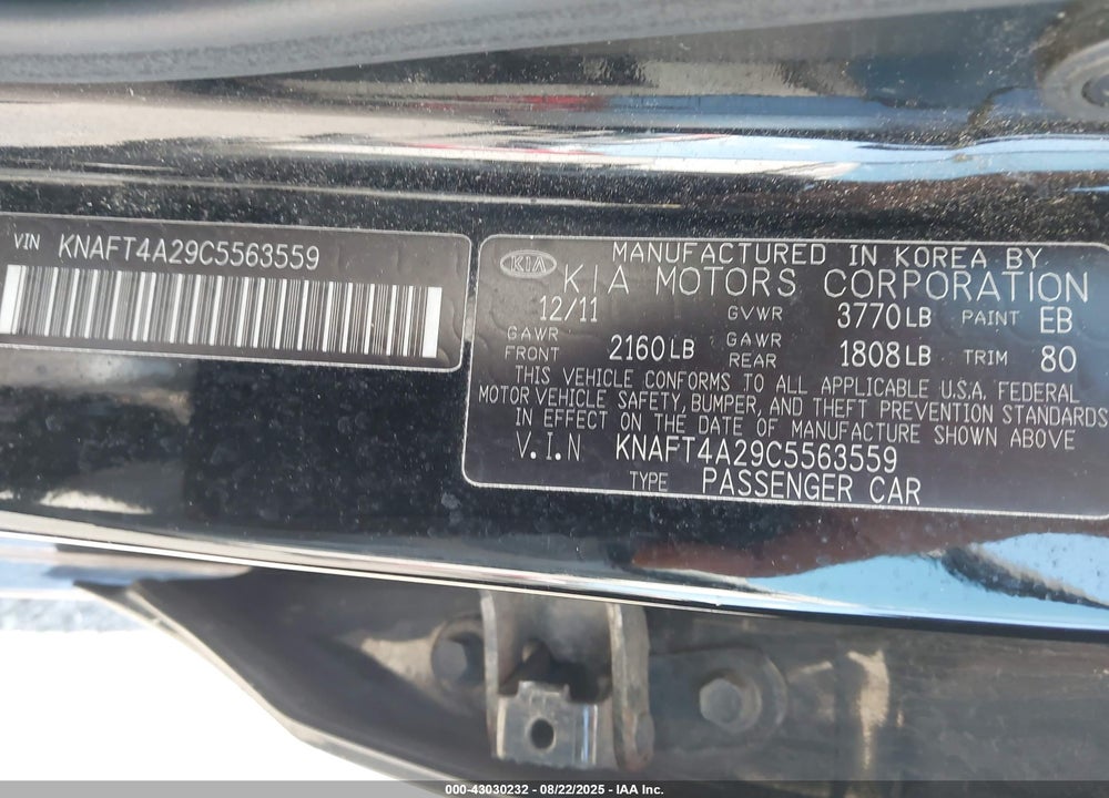 2012 KIA FORTE VIN: KNAFT4A29C5563559