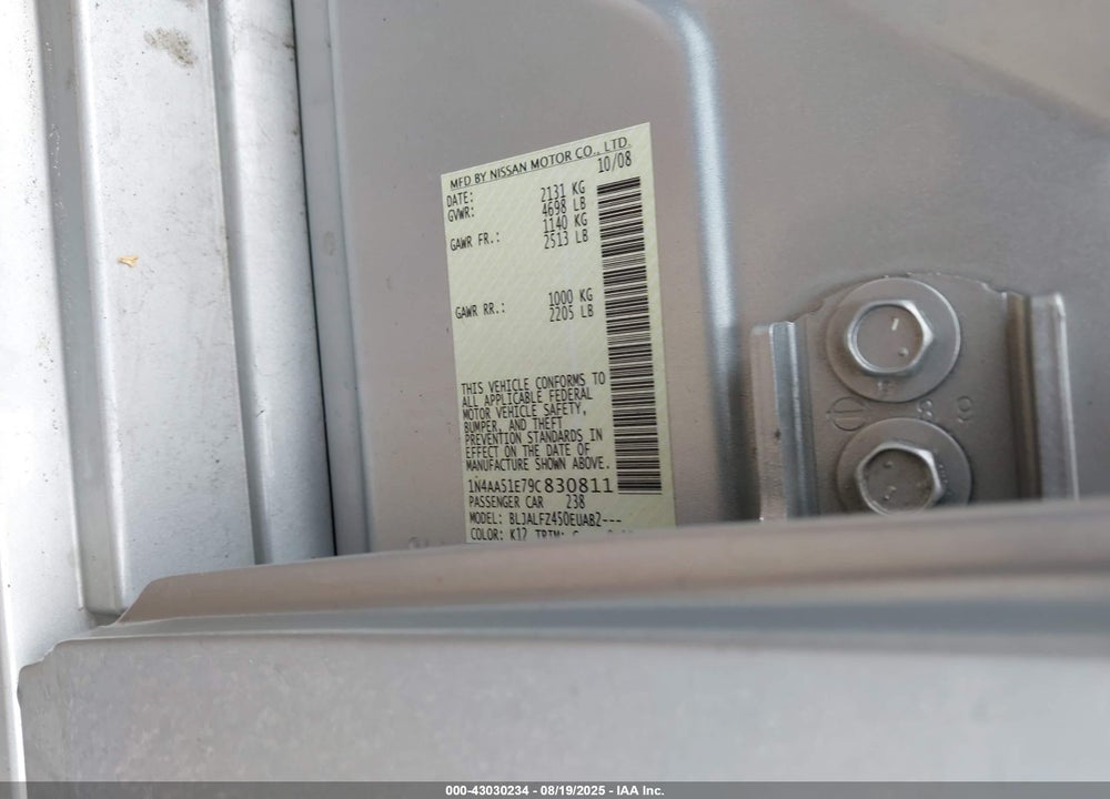 2009 NISSAN MAXIMA VIN: 1N4AA51E79C830811
