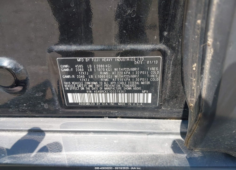 2013 SUBARU OUTBACK VIN: 4S4BRCKC1D3279367