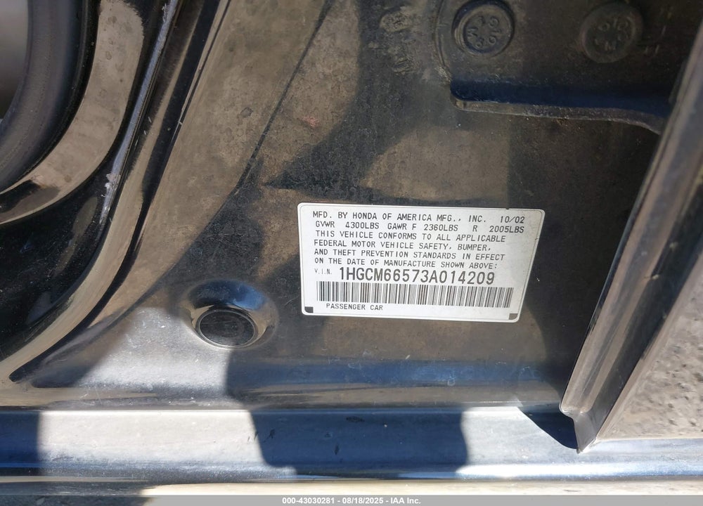 2003 HONDA ACCORD 3.0 EX VIN: 1HGCM66573A014209