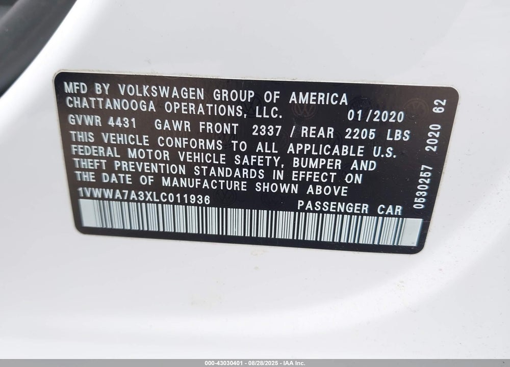 2020 VOLKSWAGEN PASSAT 2.0T SE VIN: 1VWWA7A3XLC011936