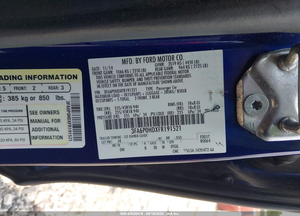 2015 FORD FUSION VIN: 3FA6P0HDXFR191521