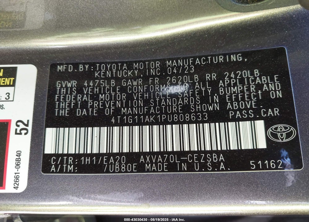 2023 TOYOTA CAMRY VIN: 4T1G11AK1PU808633