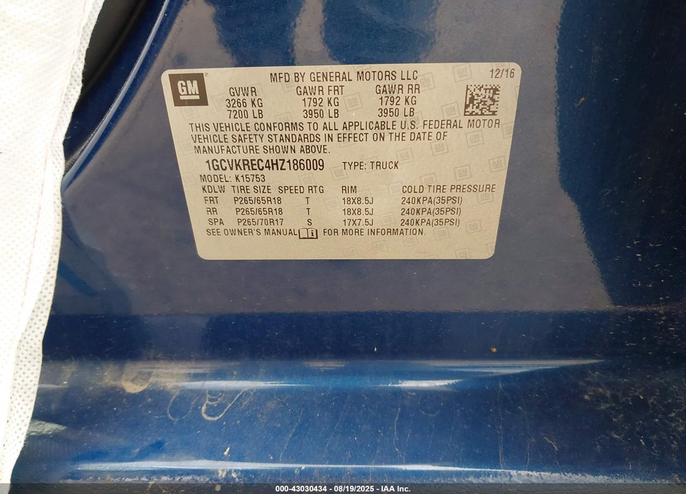 2017 CHEVROLET SILVERADO 1500 1LT VIN: 1GCVKREC4HZ186009