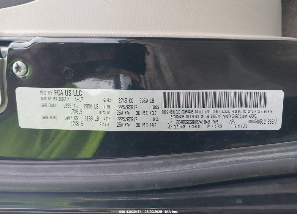 2017 DODGE GRAND CARAVAN SXT VIN: 2C4RDGCG8HR741849