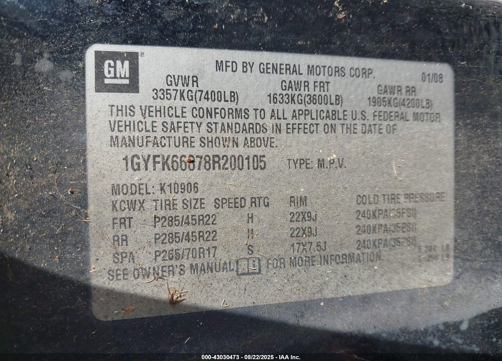 2008 CADILLAC ESCALADE ESV STANDARD VIN: 1GYFK66878R200105