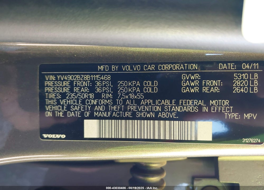 2011 VOLVO XC70 T6 VIN: YV4902BZ8B1115468