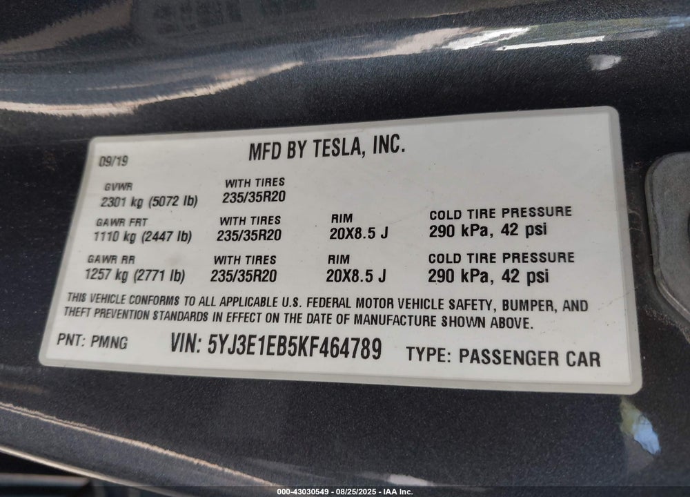 2019 TESLA MODEL 3 VIN: 5YJ3E1EB5KF464789