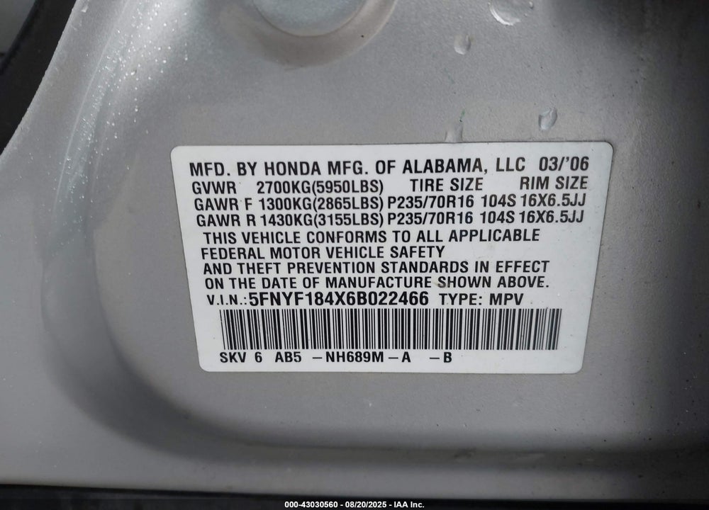2006 HONDA PILOT EX VIN: 5FNYF184X6B022466