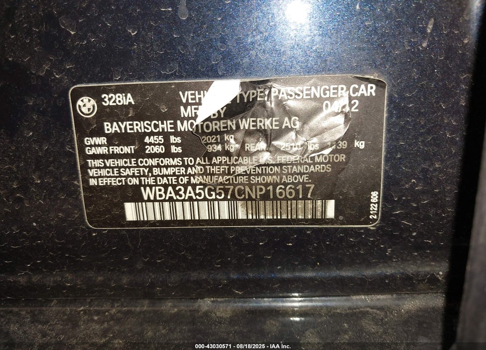2012 BMW 328I VIN: WBA3A5G57CNP16617