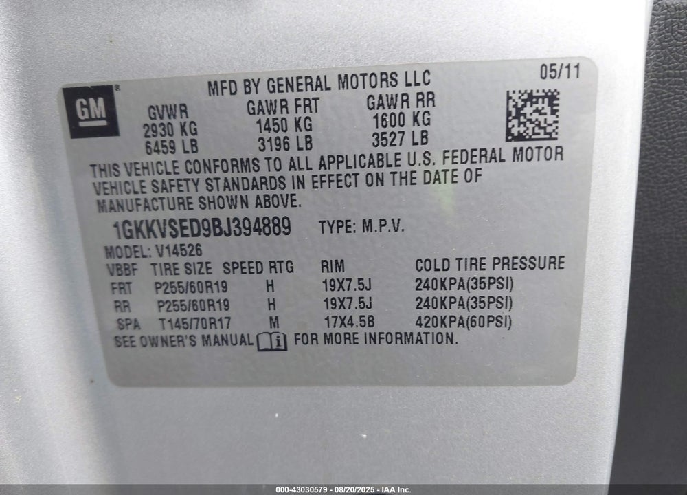 2011 GMC ACADIA VIN: 1GKKVSED9BJ394889