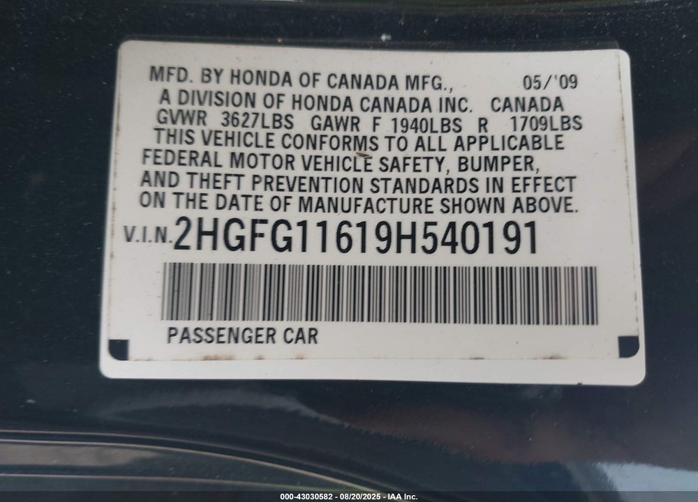 2009 HONDA CIVIC VIN: 2HGFG11619H540191
