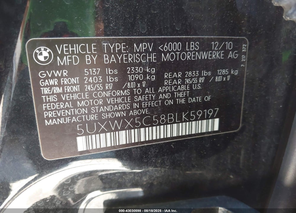 2011 BMW X3 VIN: 5UXWX5C58BLK59197
