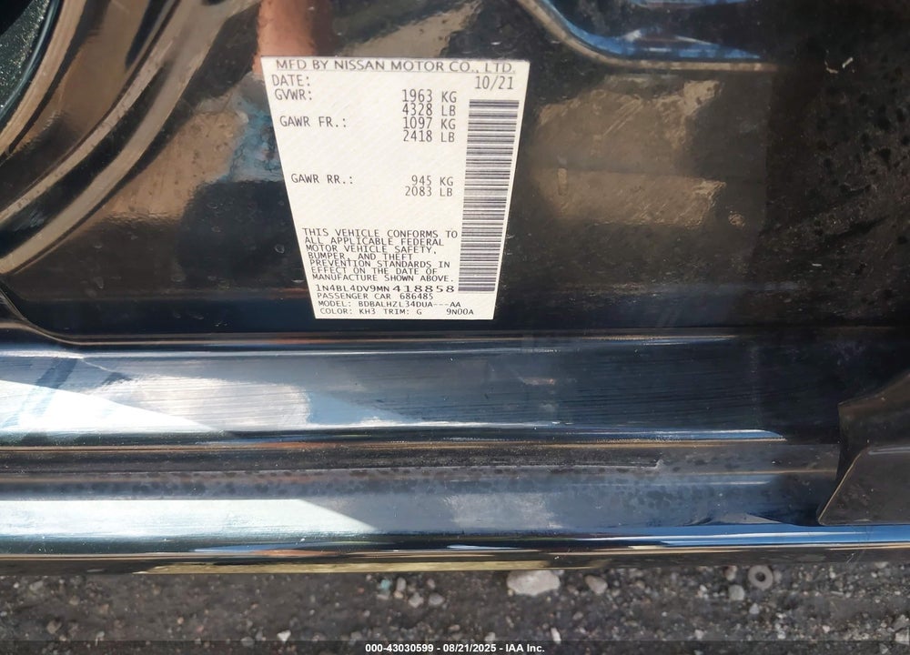2021 NISSAN ALTIMA SV FWD VIN: 1N4BL4DV9MN418858