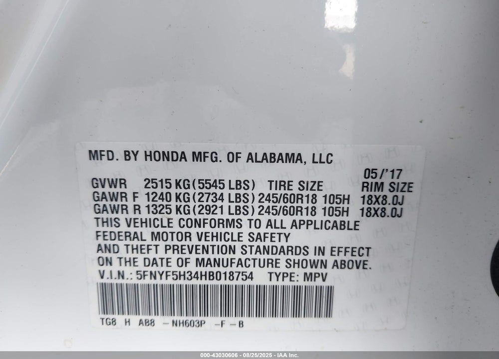 2017 HONDA PILOT VIN: 5FNYF5H34HB018754