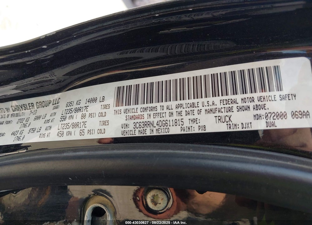 2013 RAM 3500 LAIE LONGHORN VIN: 3C63RRNL4DG611815
