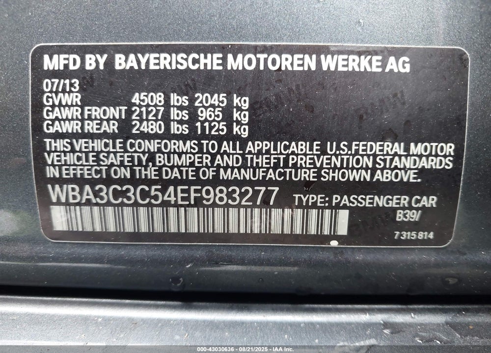 2014 BMW 3 SERIES VIN: WBA3C3C54EF983277