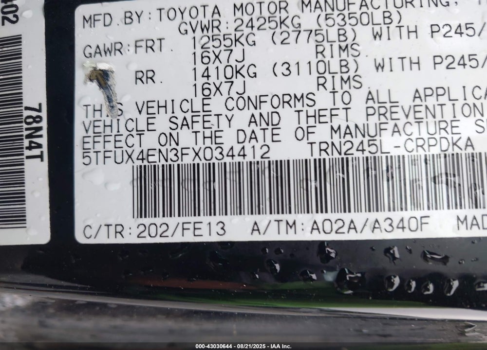 2015 TOYOTA TACOMA VIN: 5TFUX4EN3FX034412