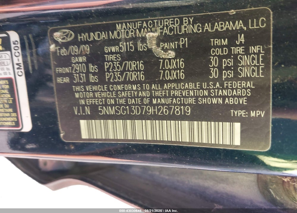 2009 HYUNDAI SANTA FE VIN: 5NMSG13D79H267819