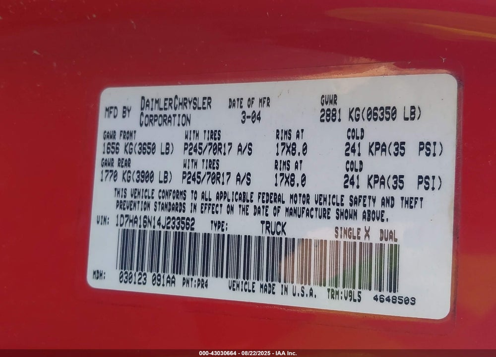 2004 DODGE RAM 1500 SLT/LARAMIE VIN: 1D7HA16N14J233562