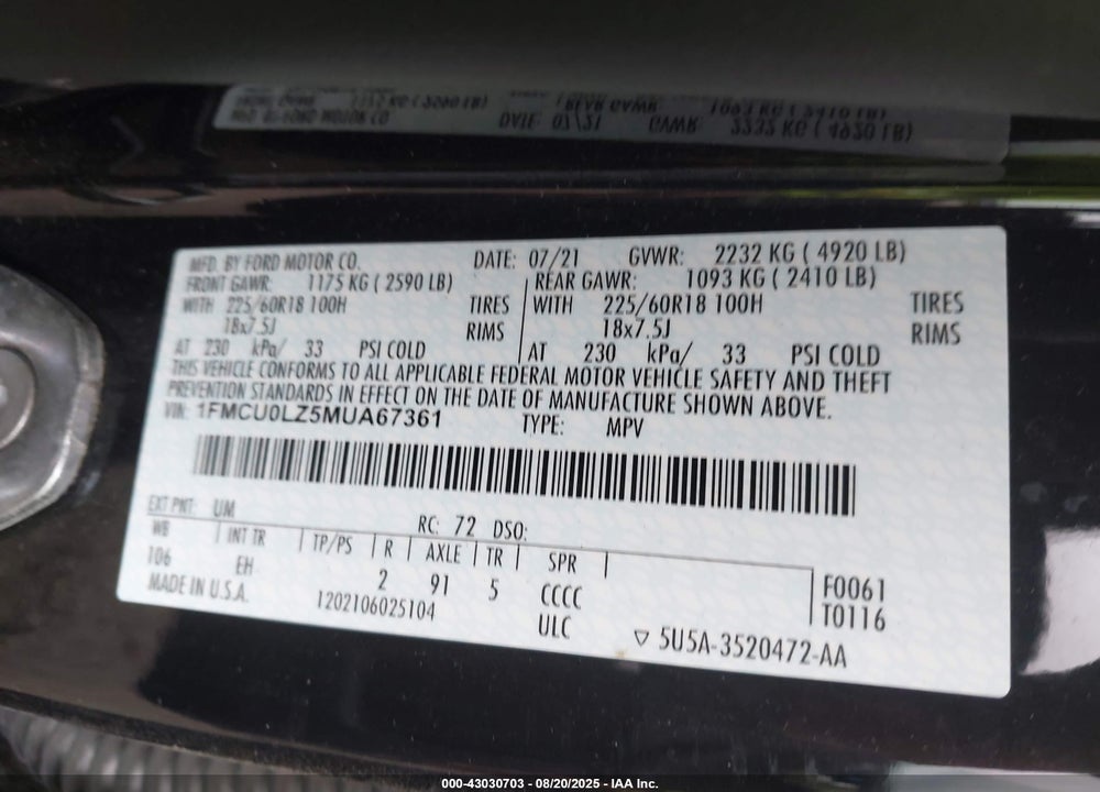 2021 FORD ESCAPE VIN: 1FMCU0LZ5MUA67361