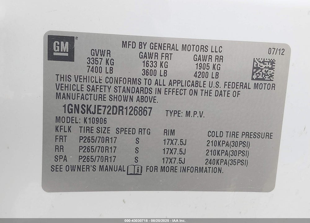 2013 CHEVROLET SUBURBAN 1500 VIN: 1GNSKJE72DR126867