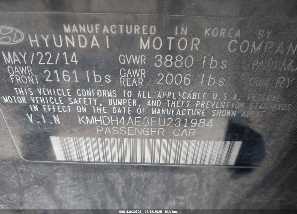2015 HYUNDAI ELANTRA VIN: KMHDH4AE3FU231984