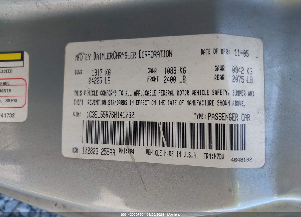 2006 CHRYSLER SEBRING TOURING VIN: 1C3EL55R76N141732