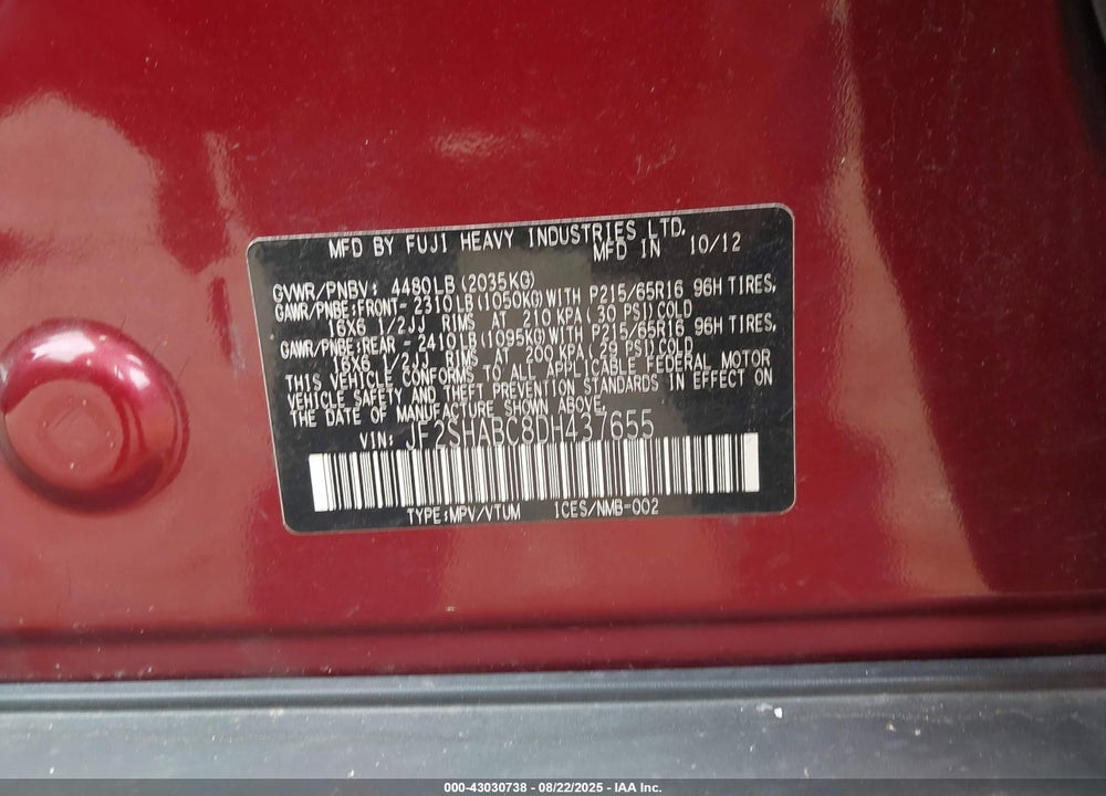 2013 SUBARU FORESTER VIN: JF2SHABC8DH437655