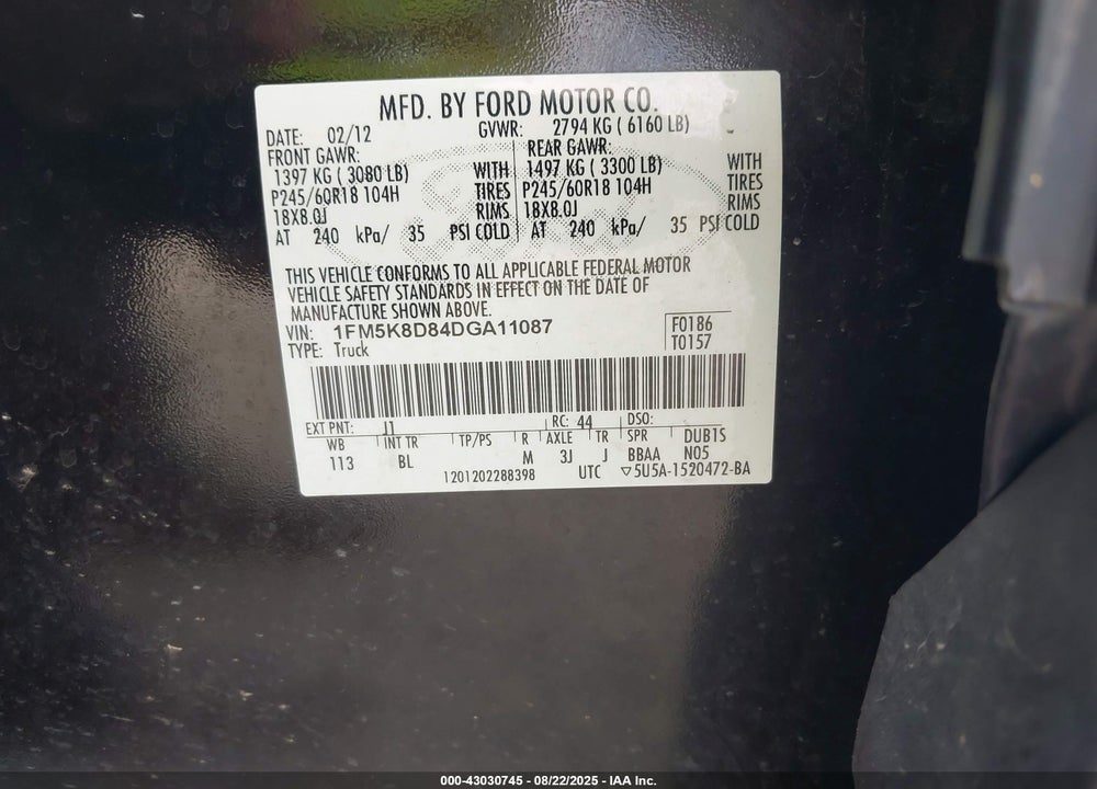 2013 FORD EXPLORER XLT VIN: 1FM5K8D84DGA11087