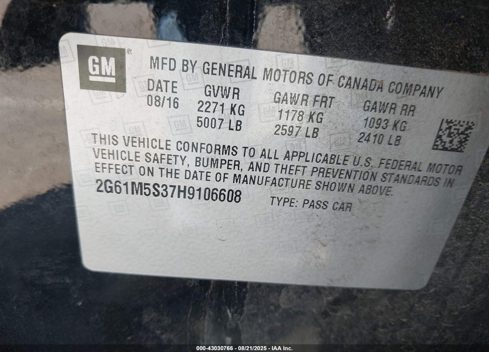 2017 CADILLAC XTS VIN: 2G61M5S37H9106608
