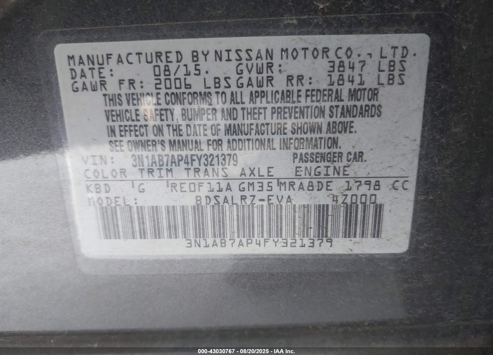 2015 NISSAN SENTRA VIN: 3N1AB7AP4FY321379