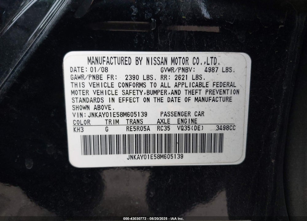 2008 INFINITI M35 VIN: JNKAY01E58M605139