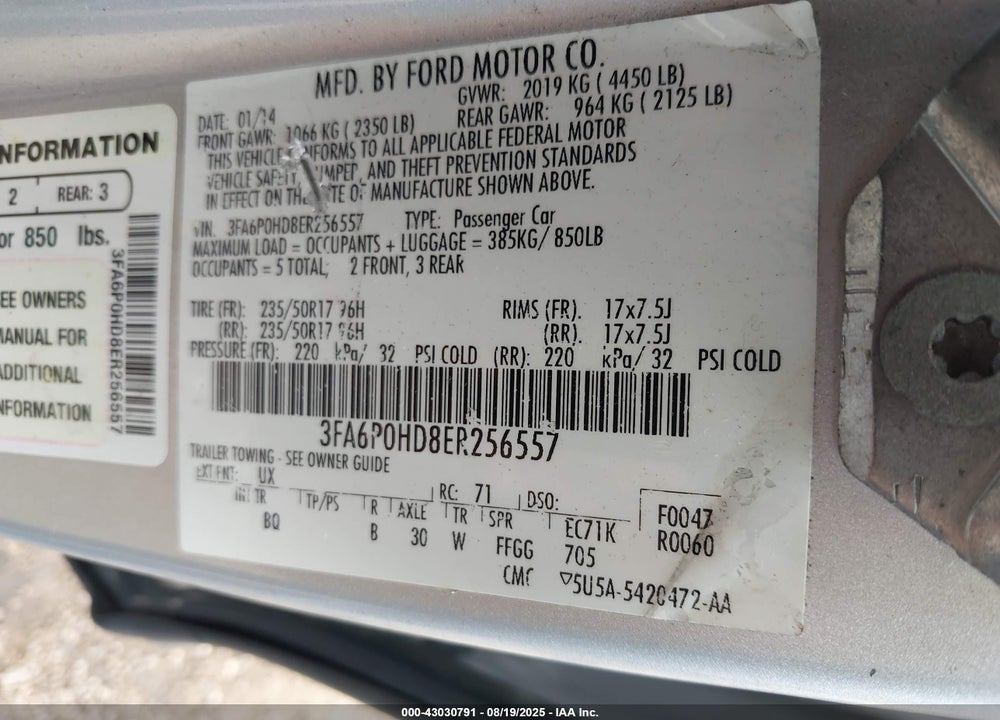 2014 FORD FUSION VIN: 3FA6P0HD8ER256557