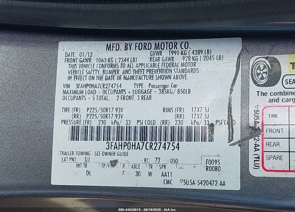 2012 FORD FUSION SE VIN: 3FAHP0HA7CR274754