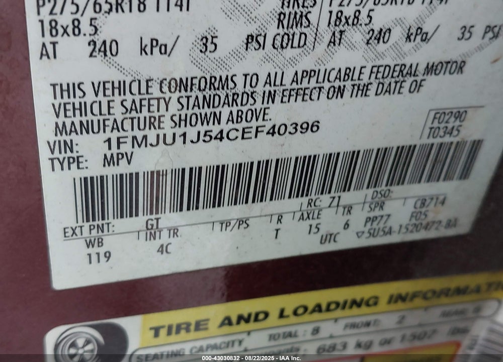 2012 FORD EXPEDITION VIN: 1FMJU1J54CEF40396