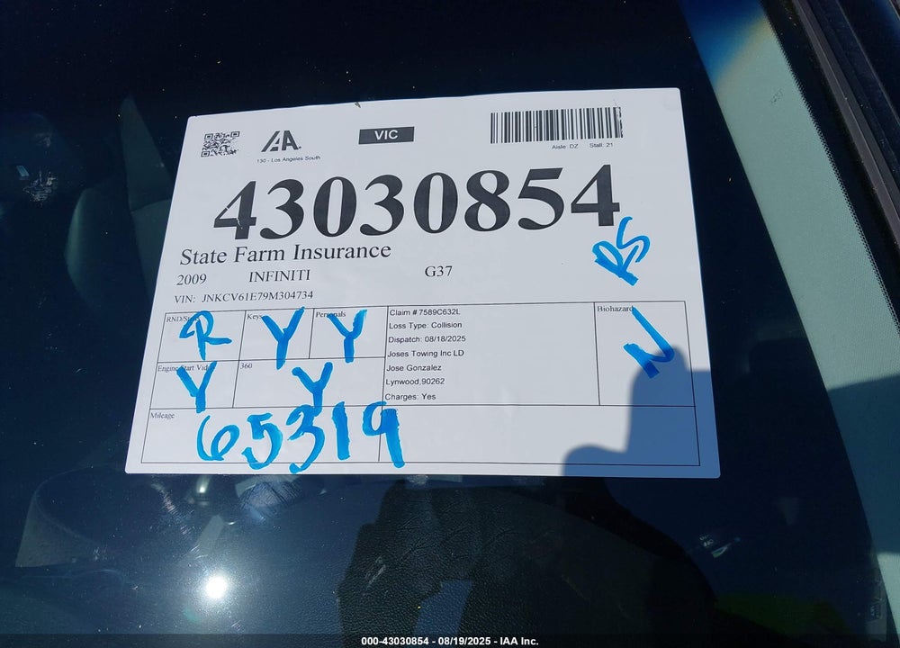 2009 INFINITI G37 VIN: JNKCV61E79M304734