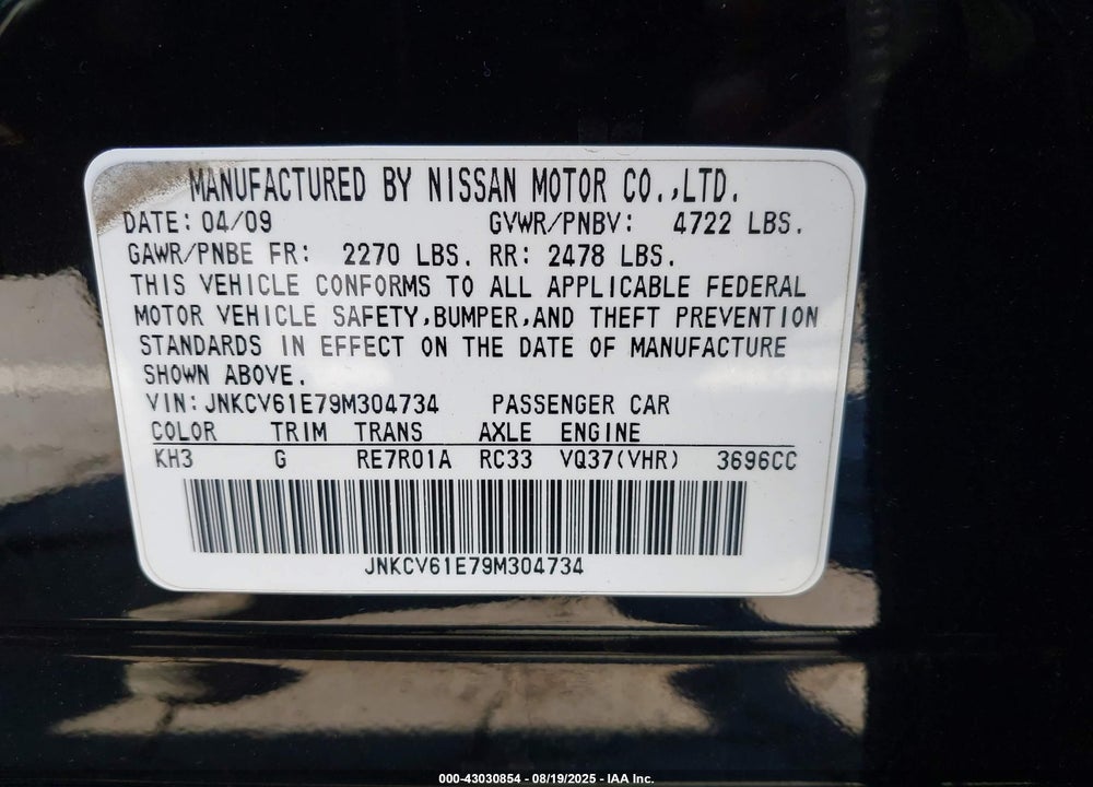 2009 INFINITI G37 VIN: JNKCV61E79M304734