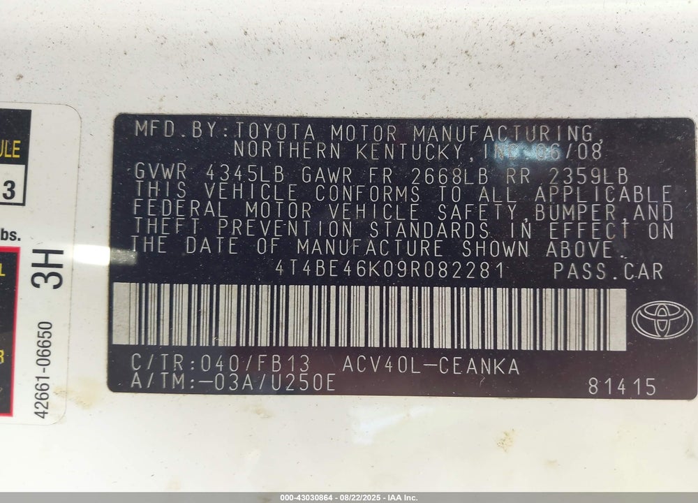 2009 TOYOTA CAMRY LE VIN: 4T4BE46K09R082281