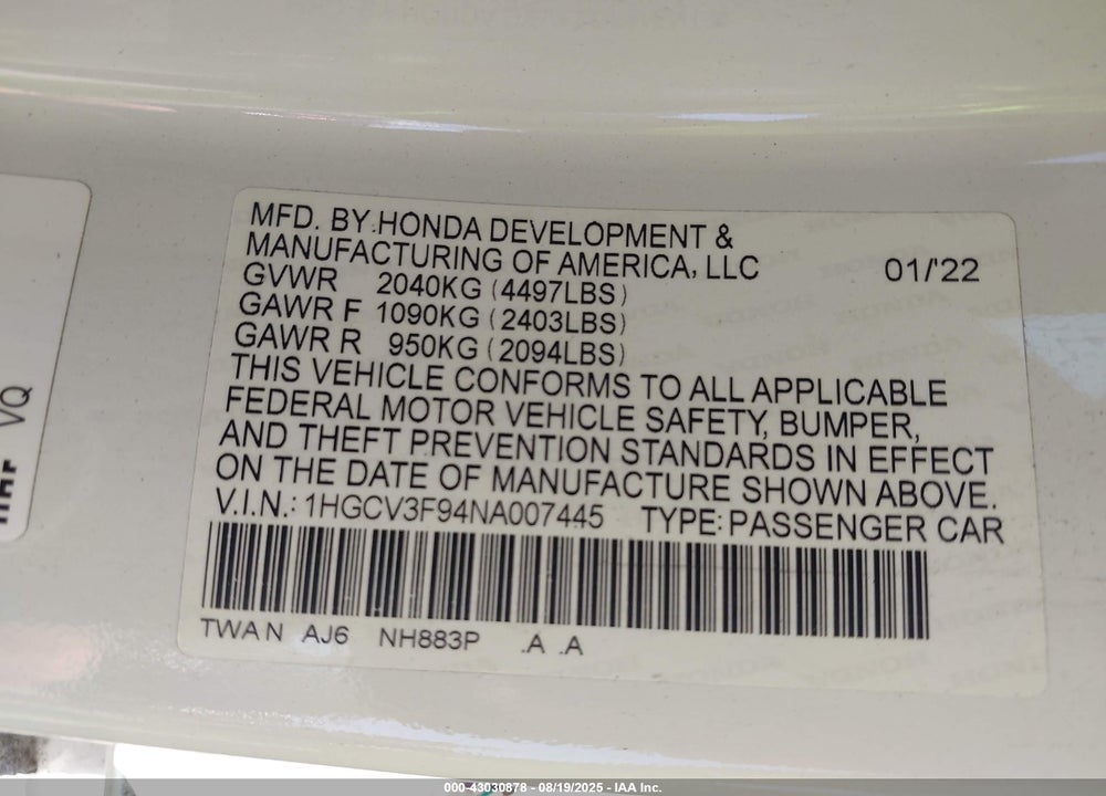 2022 HONDA ACCORD HYBRID TOURING VIN: 1HGCV3F94NA007445