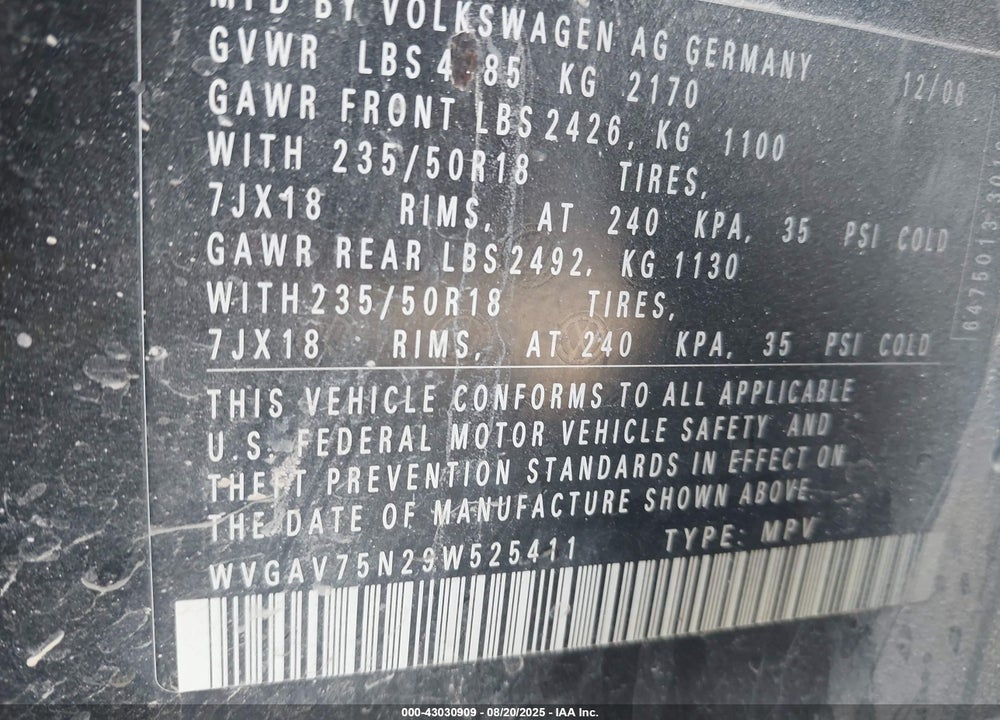 2009 VOLKSWAGEN TIGUAN S/SE/SEL VIN: WVGAV75N29W525411