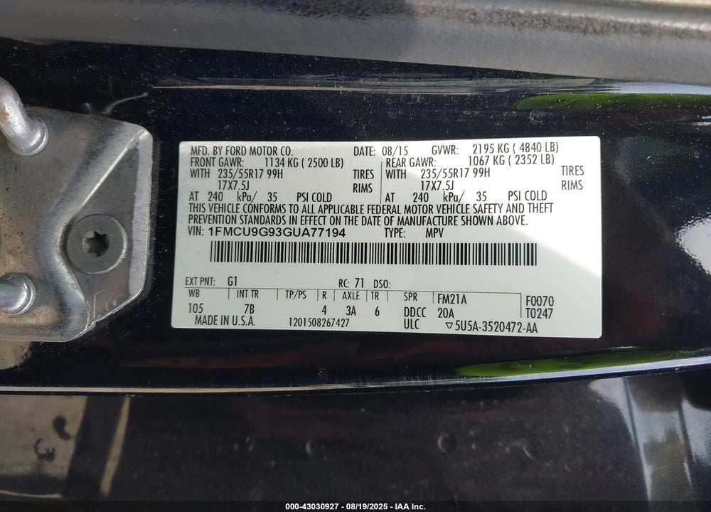 2016 FORD ESCAPE SE VIN: 1FMCU9G93GUA77194
