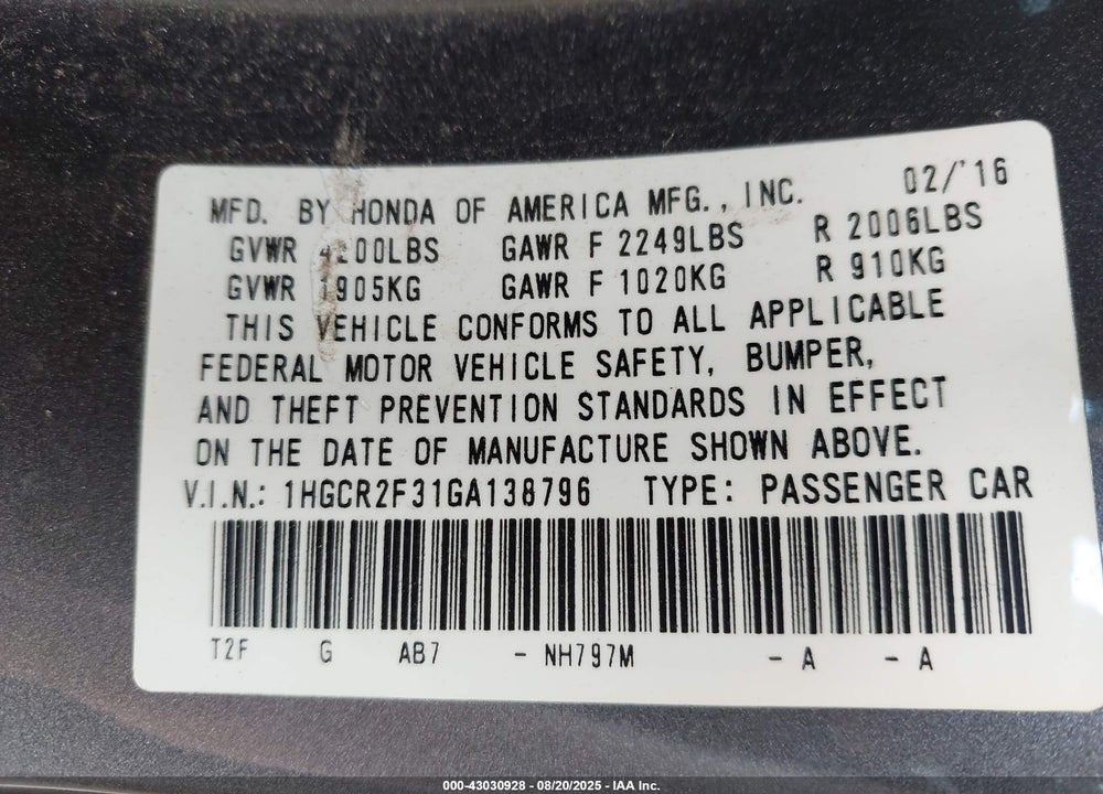 2016 HONDA ACCORD LX VIN: 1HGCR2F31GA138796