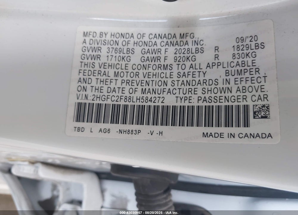 2020 HONDA CIVIC SPORT VIN: 2HGFC2F88LH584272