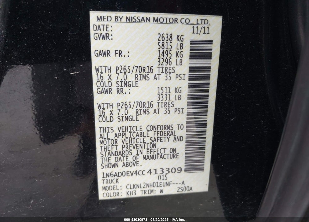 2012 NISSAN FRONTIER VIN: 1N6AD0EV4CC413309